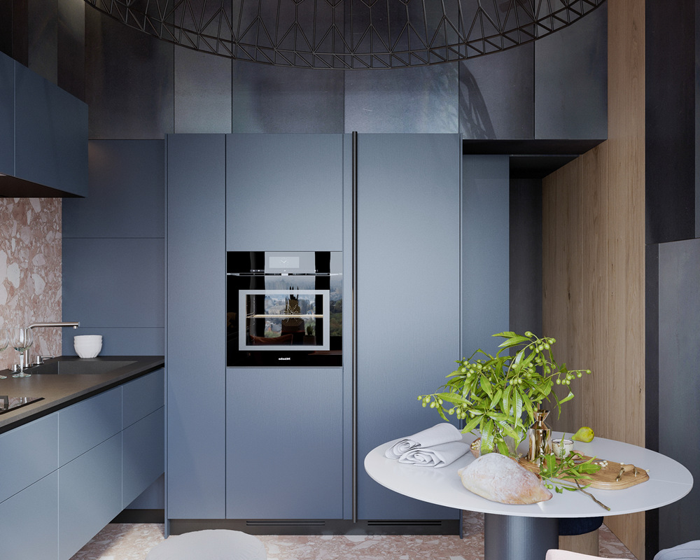 تصميم خزانة مطبخ باللون الأزرق
