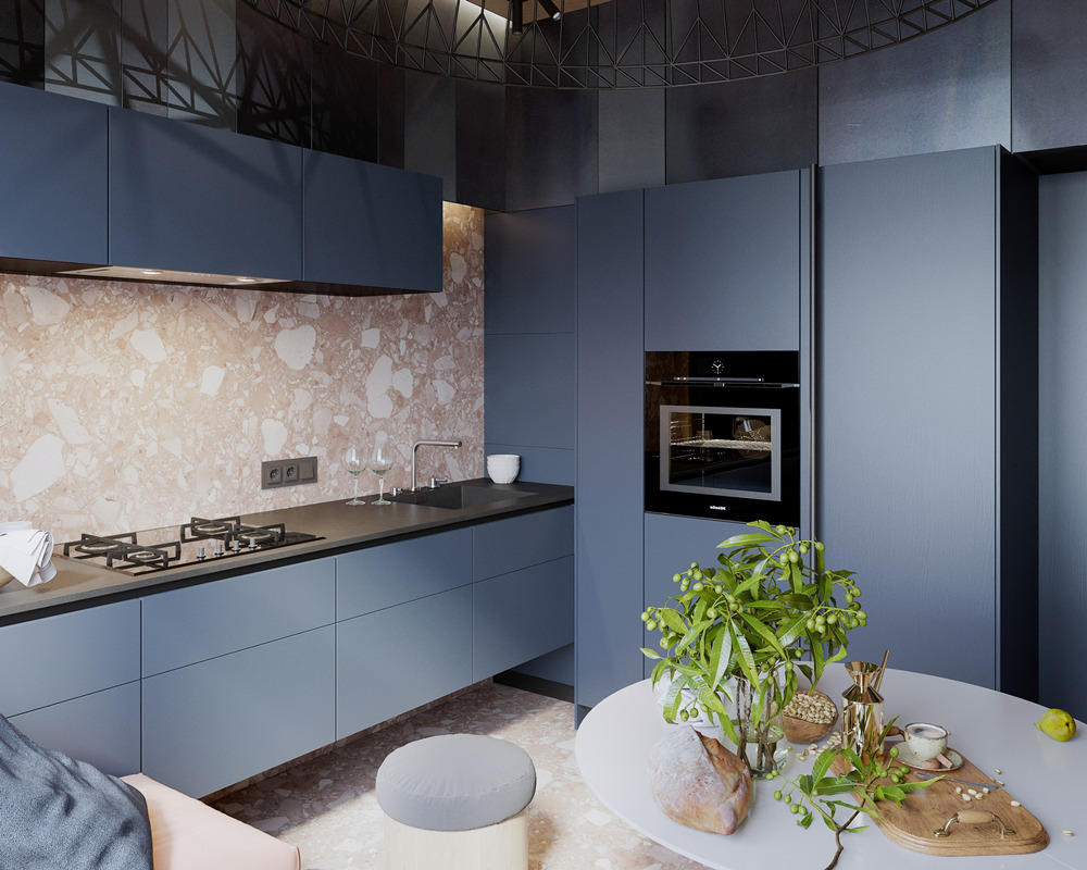 تصميم خزانة مطبخ باللون الأزرق