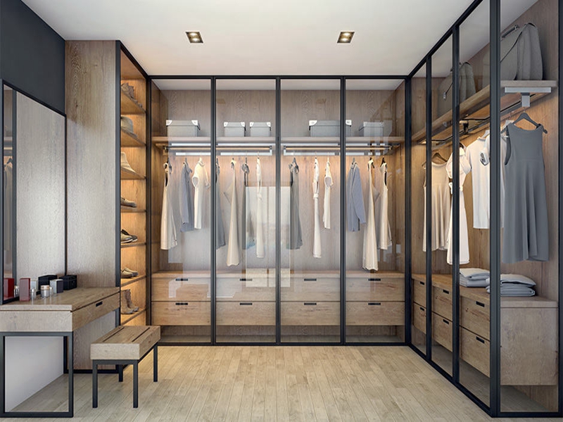 YALIG تصميم جديد لباب زجاجي أسود ولوحة خشبية في خزانة الملابس