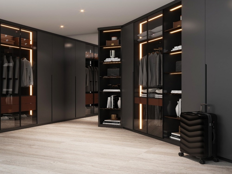 خزانة ملابس خشبية ذات تصميم خفيف وفاخر وبسيط ومطلية باللون الأسود غير اللامع مع شرائط إضاءة مدمجة