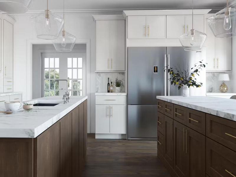 خزائن المطبخ ذات التصميم الحديث ذو اللونين المطلية بالخشب الصلب غير اللامع مع مقابض ذهبية كلاسيكية