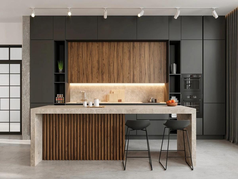 خزائن المطبخ الخشبية الصلبة المطلية باللون الأسود عالية الجودة مع تصميمات جزيرة المطبخ بقشرة البلوط