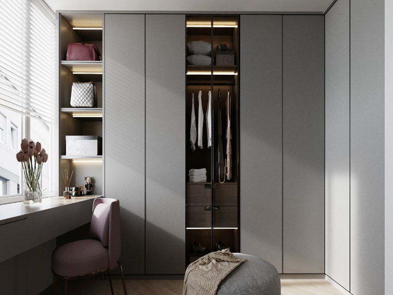 RNew Design غرفة نوم خزانة ملابس رمادية PVC غشاء الانتهاء من الخشب الصلب