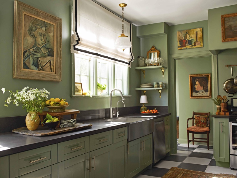 خزانة مطبخ باللون الأخضر الداكن
