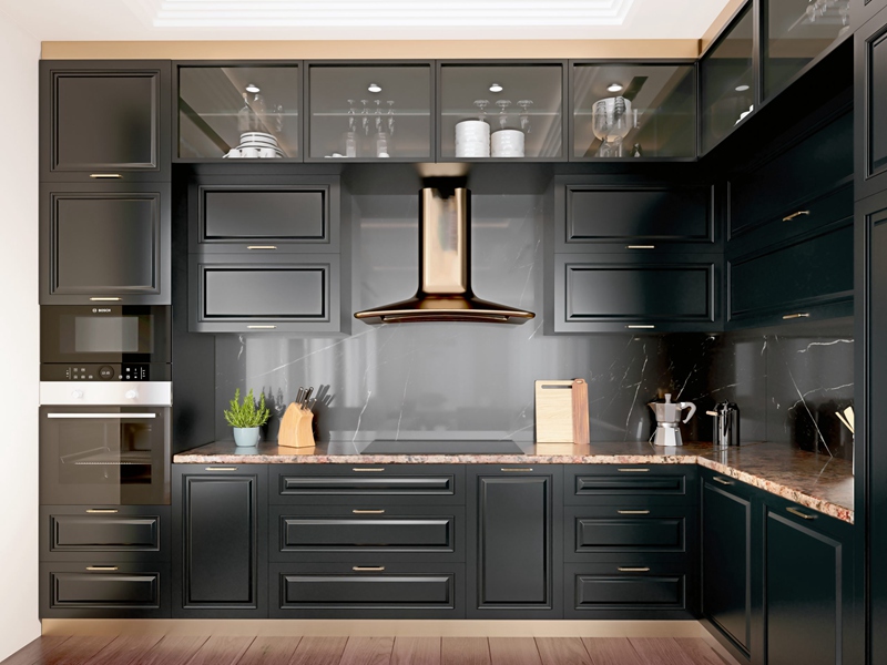 خزائن المطبخ المطلية باللون الأسود على طراز شاكر مع تصميمات جزيرة المطبخ