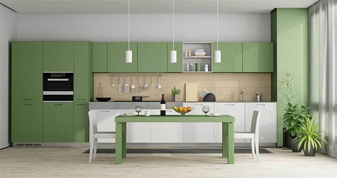 خزائن المطبخ المسطحة ذات اللون الأخضر البسيط مع سطح من الخشب الصلب