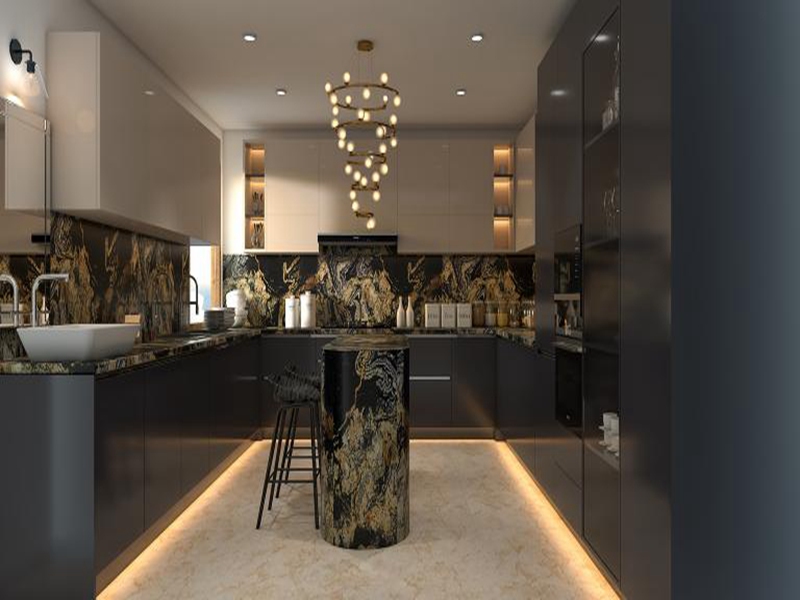 خزانة مطبخ ذات تصميم فاخر وخفيف الوزن مع ألواح مطلية بالورنيش