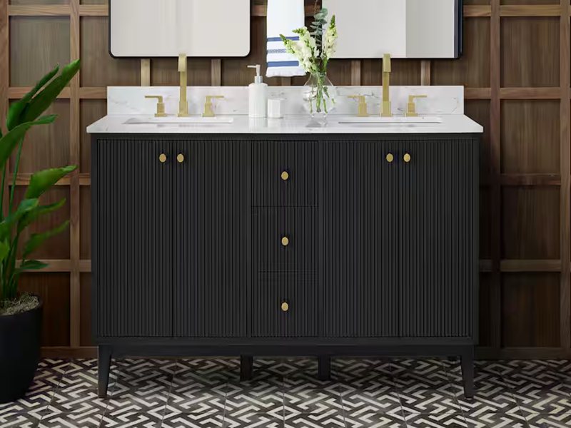 خزانة حمام مصنوعة من الخشب الصلب المطلي باللون الأسود على الطراز الحديث الفاخر مع مزامير