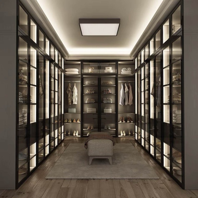 Modern Luxury Walk-in Wardrobe with Recessed Copper Stripe Patterned Panels